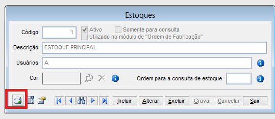 Como localizar os relatórios de estoque. Figura 4, Relatórios de estoque (impressora).