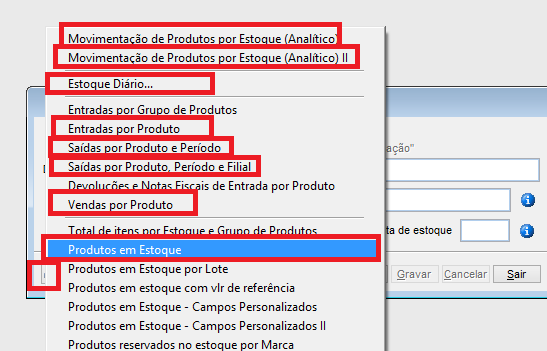 Como localizar os relatórios de estoque. Figura 5, Lista com os relatórios mais utilizados.
