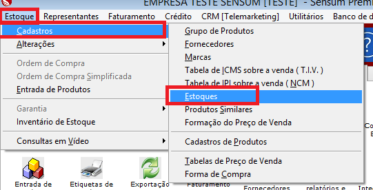 Como localizar os relatórios de estoque. Figura 2, Estoque, Cadastros.