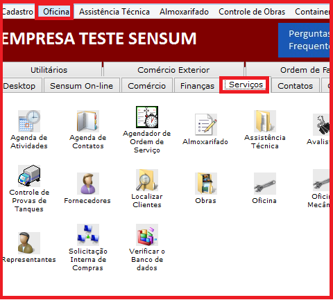 Como localizar os relatórios da Oficina. Figura 1, Aba Serviços.