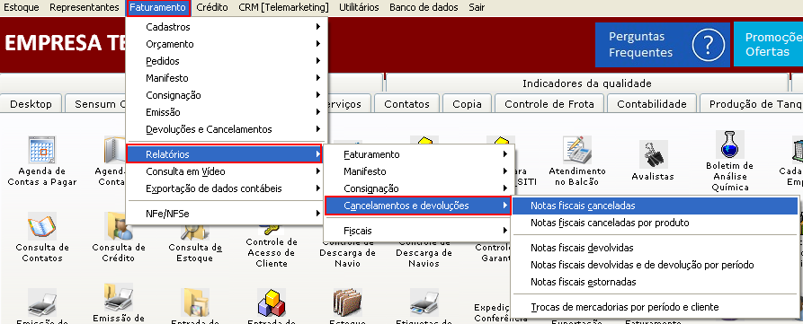 Como localizar relatórios de notas canceladas e suas justificativas. Figura 2. Faturamento > Relatórios > Cancelamentos e devoluções