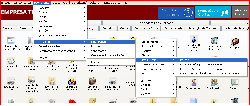 Como localizar os relatórios de faturamento de notas fiscais. Figura 2. Aba comércio, menu faturamento > Relatórios