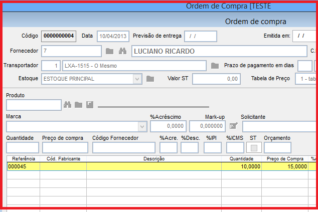 Como consultar compras por fornecedor e produto. Figura 2, Ordem de Compra.