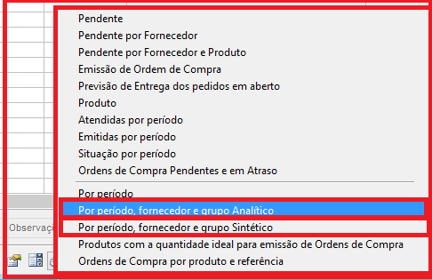 Como consultar compras por fornecedor e produto. Figura 4, Lista com os relatórios disponíveis sobre o módulo ordem de compra.