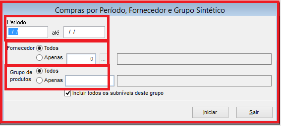 Como consultar compras por fornecedor e produto. Figura 6, Relatório de compras por período, fornecedor e grupo sintético.
