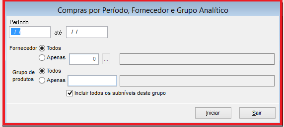 Como consultar compras por fornecedor e produto. Figura 5, Relatório de compras por período, fornecedor e grupo analítico.