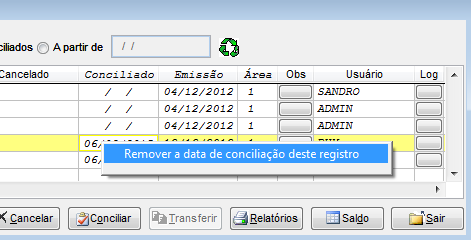 Histórico de recursos do NXS Finanças. Figura 2. Remover conciliação