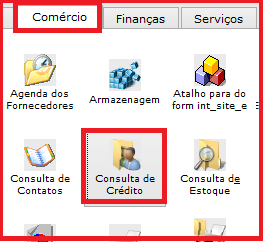 Onde consultar o histórico de compras de um cliente. Figura 1, Aba comércio.