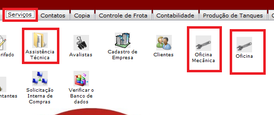 Como alterar ou reabrir uma OS, após o seu fechamento. Figura 1, Serviços, Assistência Técnica/Oficina/Oficina Mecânica.