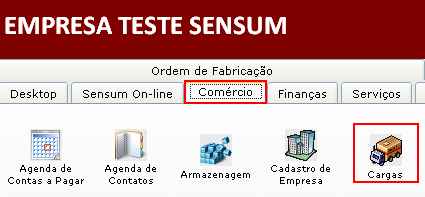 Como localizar os relatórios sobre as cargas. Figura 1, Comércio, ícone Cargas.