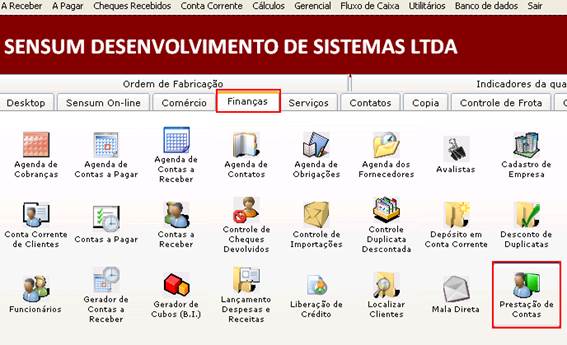 Como tratar o Recebimento de Cheques. Figura 1. Aba Finanças > Prestação de Contas