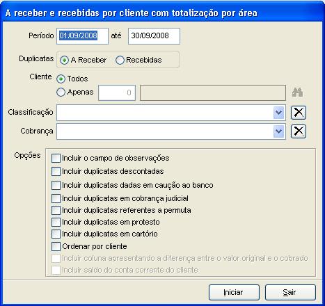 A receber e recebidas por cliente com totalização por área. Imagem 1 da fonte.