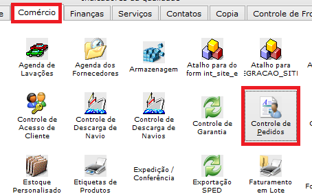 Como liberar a nota fiscal que ficou pendente no controle de pedidos. Figura 1, Aba Comércio.