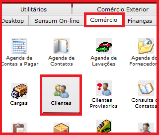Como bloquear ou liberar o crédito de um cliente. Figura 1, Aba comércio.