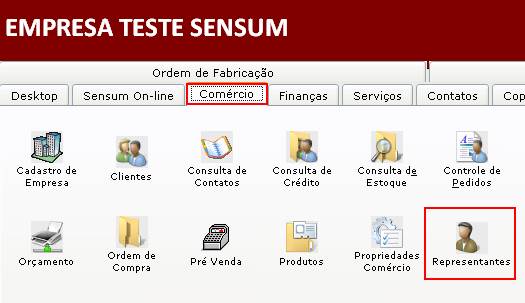 Como vincular o representante a tabela de preços de venda e ao estoque. Figura 1, Aba Comércio.