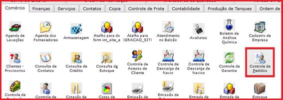 Como importar um orçamento no controle de pedidos. Figura 1, Aba Comércio.