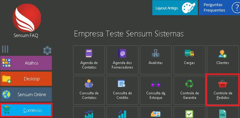Como emitir uma carta de correção eletrônica. Figura 1. Sensum NXS, aba Comércio ? Controle de Pedidos