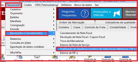 Como fazer para inutilizar a sequência numérica de notas fiscais eletrônicas. Figura 2, Faturamento.