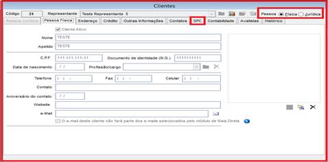 Como incluir registros de consulta ao SPC. Figura 2, Cadastro de clientes.