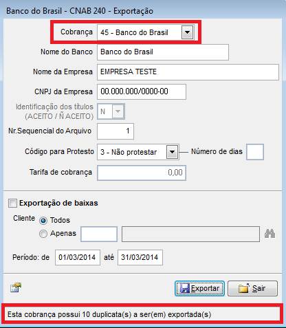Como gerar um arquivo de remessa do Banco do Brasil. Figura 2, Exportação de dados, Banco do Brasil - CNAB 240 - Exportação.