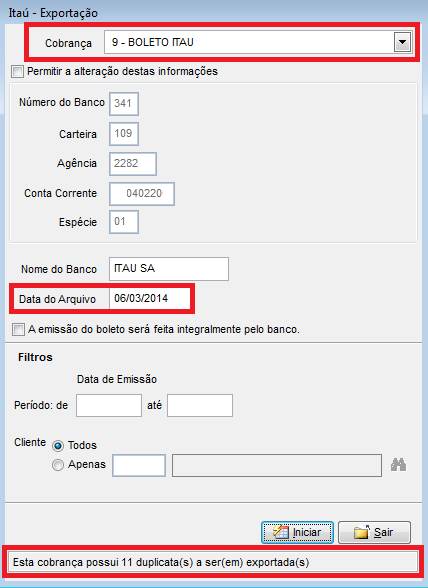 Como gerar um arquivo de remessa do ITAU. Figura 2, Exportação de dados, Itaú - Exportação.