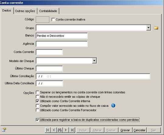 Como conceder desconto a uma Duplicata. Figura 2. Sensum NXS, Cadastro de Conta Corrente.