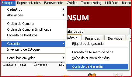 Como funciona o módulo de Controle de Garantia. Figura 2. Menu Estoque > Garantia > Controle de Garantia.