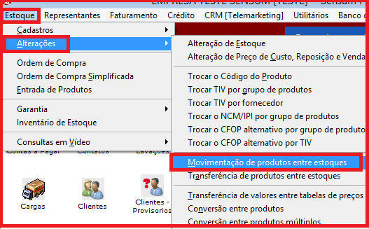 Como realizar a movimentação de produtos entre estoques. Figura 2, Caminho de acesso à movimentação.