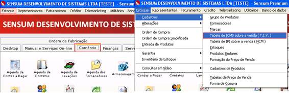 Como adicionar um Estado na TIV. Figura 2. Aba Comércio > Estoque > Cadastros > Tabela de ICMS sobre a venda.