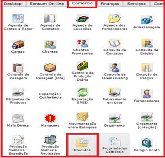 Como gerar relatório de produtos contendo itens como NCM, IPI e exportar para o Excel. Figura 1, Aba comércio.