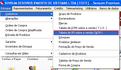 Como cadastrar um NCM. Figura 2. Sensum NXS, Cadastro da Tabela de IPI sobre a venda (NCM)