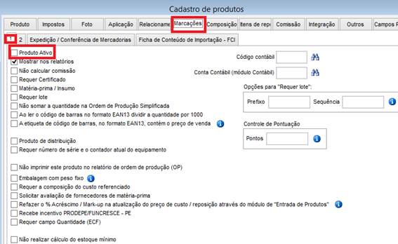 Como inativar um produto. Figura 3, Marcações, 1.