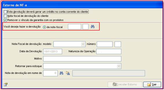 Como realizar o estorno de uma NF-e. Figura 3. Estorno de Nota Fiscal.