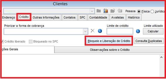 Como bloquear ou liberar o crédito de um cliente. Figura 3, Aba crédito no cadastro de clientes.
