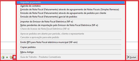 Como importar um orçamento no controle de pedidos. Figura 3, Ícone Outras opções do controle de pedidos.
