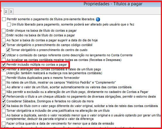 Como incluir múltiplos títulos a pagar. Figura 4, Propriedades - títulos a pagar.