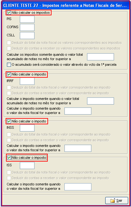 Como classificar um serviço sem incidir imposto. Figura 4. Cadastro de Clientes > Impostos referentes a notas fiscais de serviços.
