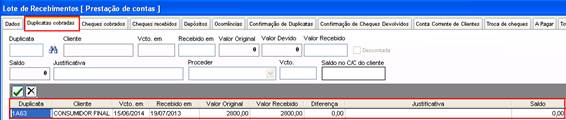 Como tratar o Recebimento de Cheques. Figura 3. Prestação de Contas > Aba Duplicatas Cobradas
