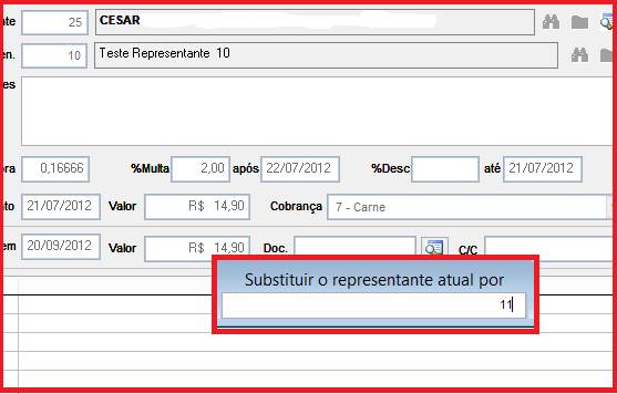 Como alterar o representante na duplicata. Figura 4, Substituir o representante.