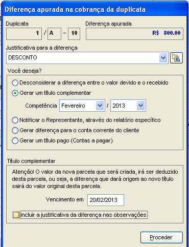 Como conceder desconto a uma Duplicata. Figura 5. Sensum NXS, Diferença apurada na cobrança da duplicata