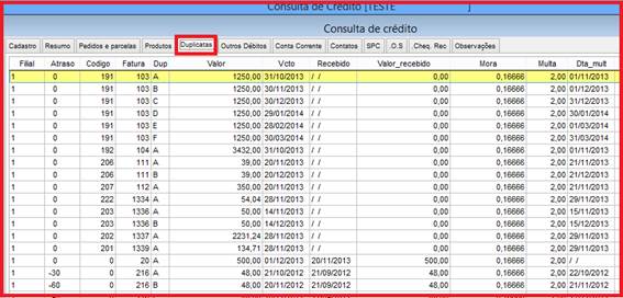 Onde consultar o histórico de compras de um cliente. Figura 5, Duplicatas do cliente.