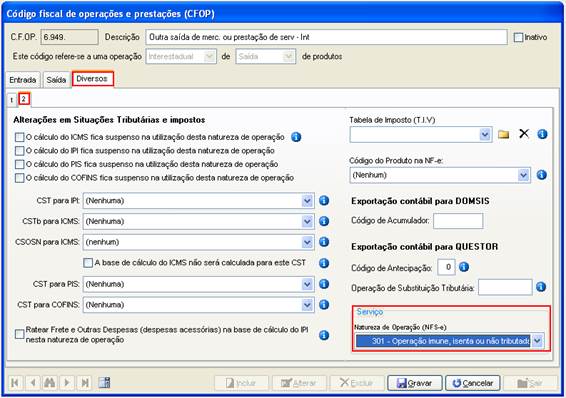 Como classificar um serviço sem incidir imposto. Figura 5. Cadastro de CFOP > Natureza de Operação (NFS-e).