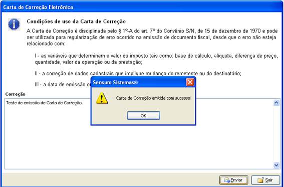 Como emitir uma carta de correção eletrônica. Figura 5. Sensum NXS, formulário de Correção, Carta de Correção emitida com sucesso