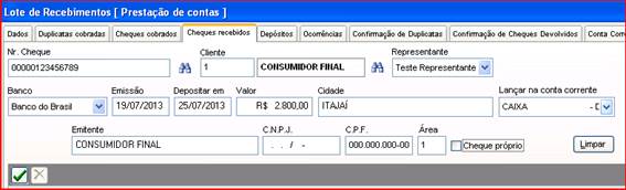 Como tratar o Recebimento de Cheques. Para cadastrar os cheques recebidos terá que acessar a aba “Cheques Recebidos”, preencher as informações dos cheques e clicar no ícone :