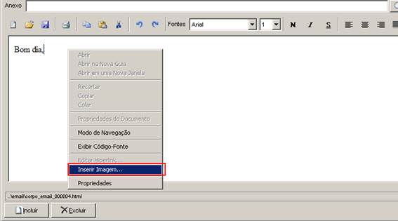 Como funciona o envio de mala direta. Figura 4. Assunto e Corpo do e-mail, Inserir Imagem.