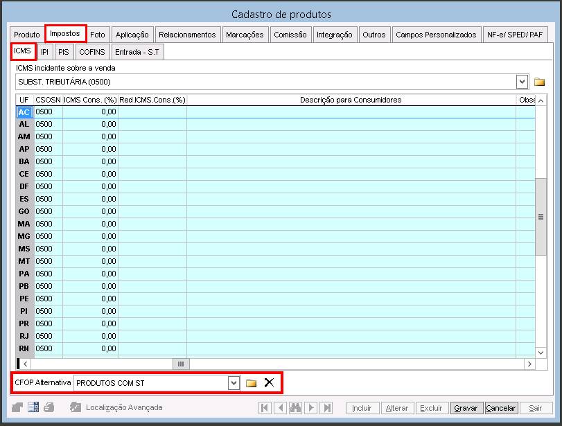 Como cadastrar uma CFOP Alternativa. Figura 8. Cadastro de Produtos > Relacionamentos > CFOP Alternativa
