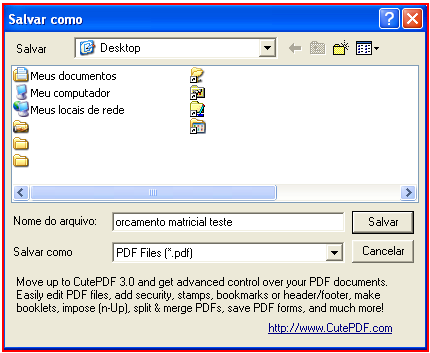 Como enviar um orçamento por e-mail. Figura 8. Salvando o modelo matricial.