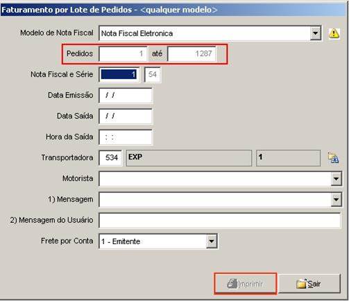Como funciona o módulo de Cargas. Preencha o intervalo dos pedidos que serão faturados, conforme figura abaixo e clique em imprimir.
