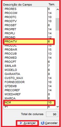Como gerar relatório de produtos contendo itens como NCM, IPI e exportar para o Excel. Figura 8, Verificar a descrição dos campos.