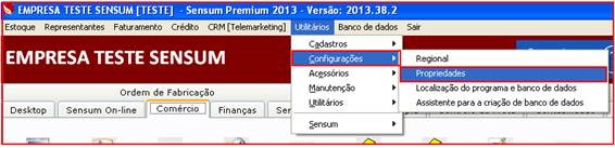 Como enviar um orçamento por e-mail. Figura 9. Aba comércio, configurações, propriedades.
